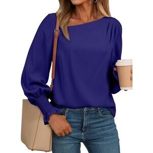 EVALESS Blouses for Women Dressy Casual Pleated Long Sleeve Tops Asymmetrical